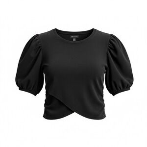 Versona Womens Black Puff Sleeve Tulip Hem Crop Top Crew Neck Shirt XS